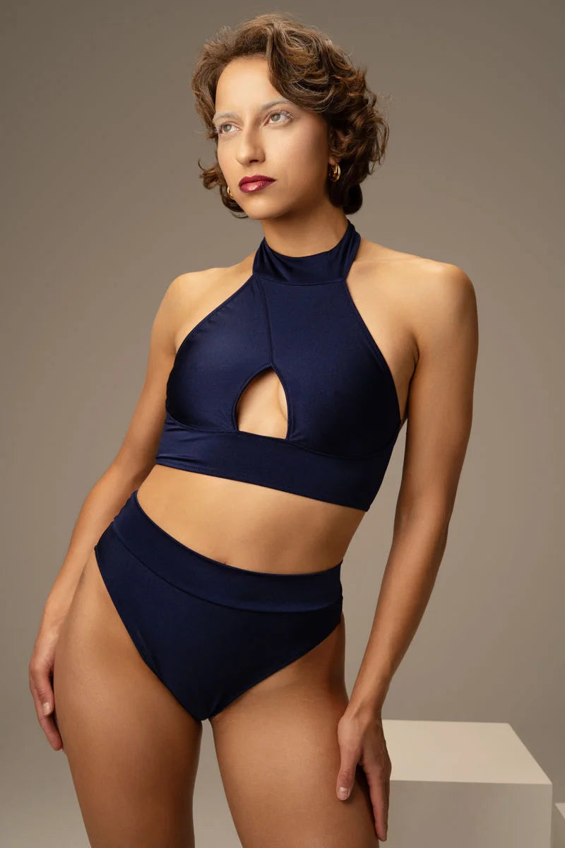 Front view of Bali high-waisted pole dance shorts and matching halter top in Sapphira blue by Shark Polewear.