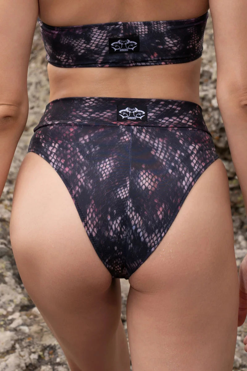 Back view of Bali Shorts Viper featuring a purple snake print, mid-rise fit, and moderate coverage for pole dance and swimwear.