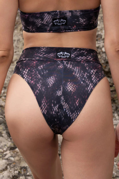 Back view of Bali Shorts Viper featuring a purple snake print, mid-rise fit, and moderate coverage for pole dance and swimwear.