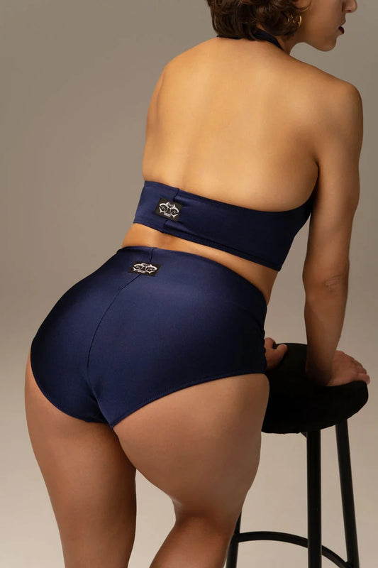 High Shorts Sapphira high-waisted shorts shown from the back by Sharkpolewear