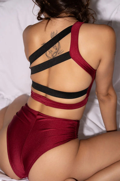 Aura Top Wine open back strappy design rear view